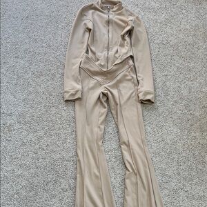 Fashion Nova Neutral Beige Zip-Front Flared Jumpsuit